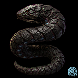 Phenoros, a dark segmented ore-based organism with a coiled serpentine body and a broad armored head.