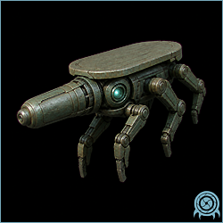 Proboscum malfunctioning Chozo worker robot clinging to an SR388 cavern wall with its long platform-like proboscis arm lowered beneath the chassis.