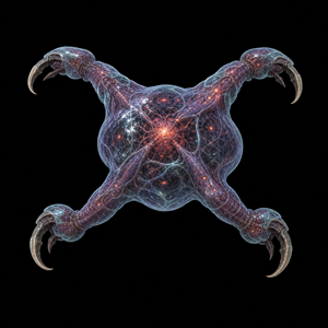 Department of Scientific Intelligence archive scan of Quadtroid showing experimental Metroid-derivative hybrid anatomy, six-limb grip, thermal-spectrum tracking, and sterile clone telemetry.