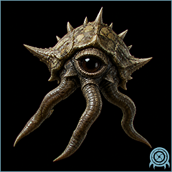 Ramulken SR388 one-eyed shell-runner with a purple spiked carapace and four limbs climbing a vertical cavern wall.