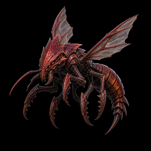 Department of Scientific Intelligence archive scan of Barb Wasp, Red showing Alinos thermal hive adaptation, magma-venom stinger, heat-resistant body, and Zoomer predation telemetry.