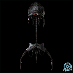 Remorse-Class Turret mounted in a Space Pirate installation, showing its red Phazon-powered housing, active shield field, and forward energy emitter.