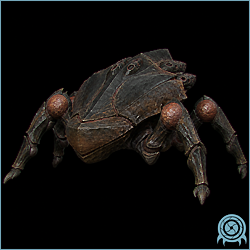 Rohkor Beetle advancing across the barren Bion surface, showing its heavy armor, jointed legs, pod-bearing back, and open mouth emitter.