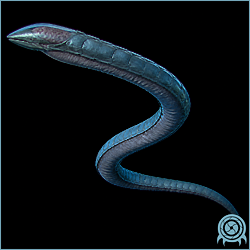 Serris moving through the Sector 4 aquatic containment chamber, showing its long armored serpentine body, raised head, and high-speed wake in the water.