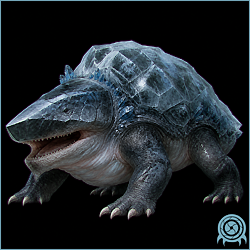 Sheegoth with a heavy ice-encrusted dorsal shell, low quadrupedal body, and exposed mouth in a black telemetry scan.