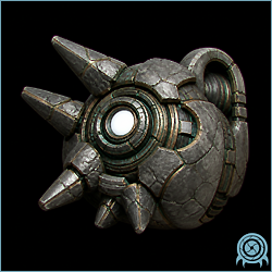 Shirk rogue Chozo security robot hovering above an SR388 ruin floor with sharp blue impact nails extended beneath its compact chassis.