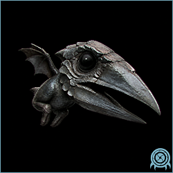 Skreek emerging vertically from a liquid-filled SR388 crevasse, showing its oversized tooth-lined beak, small legs, and compact feathered body.