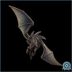 Spin Dartwing, a dark winged Viewros organism shown hanging with broad membrane-like wings spread around a compact body.