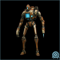 Steambot security construct standing in a SkyTown passage, showing its bronze armored chassis, articulated tool arms, rear missile rack, and sidearm.