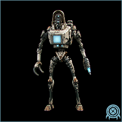 Department of Scientific Intelligence archive scan of Tinbot showing Elysian lightweight security automaton casing, kinetic-beam pistol, tool-arm strike pattern, and heat-vulnerability telemetry.