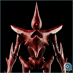 Trace, a Kriken scout-hunter in red and black armor with a single central eye and a long Imperialist weapon.