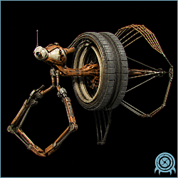 Class D Transportation Drone with a circular cargo wheel, articulated brass support arm, sensor head, and suspended route frame in a black telemetry field.