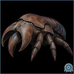 Triclops moving across volcanic ground in the Magmoor Caverns, showing its low hard-shelled body and three powerful mandible sections.