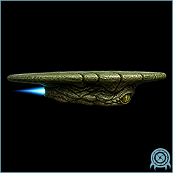 Flat green armored Tripper hover organism with a single yellow eye and blue pulse-jet exhaust against a black biological scan field.