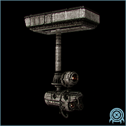 Luminoth turret with a heavy rectangular beam housing mounted above a mechanical pedestal, isolated against a black archive background.