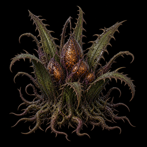 Department of Scientific Intelligence archive scan of Venomweed showing reactive toxic leaves, barbed prey-retention tissue, ground-retraction behavior, and decomposition zone telemetry.