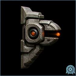 Wallfire disguised as Chozo memorial stone in an SR388 corridor, with its hidden sensor face and plasma-sentry aperture activating.