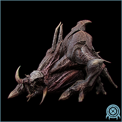 Warp Hound with a plated dark-gray body, horned head, and thick quadrupedal limbs in a black telemetry scan.