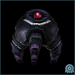 Three-legged Luminoth Watch Drone with a spherical sensor body and articulated support legs in a black telemetry scan.