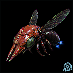 Zeb, a red winged Brinstar insect with a green compound eye and pointed forward body, isolated against a black archive background.