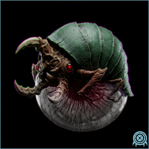 Restricted Metroid archive scan of Alpha Metroid showing first molt anatomy, eye clusters, dorsal brain plating, appendages, and ventral feeding risk.