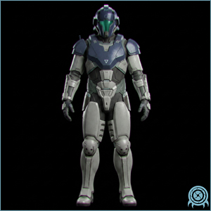 Galactic Federation technology archive image of a Federation Marine Commander Suit showing command-grade helmet armor, officer plates, squad relay hardware, and tactical visor systems.