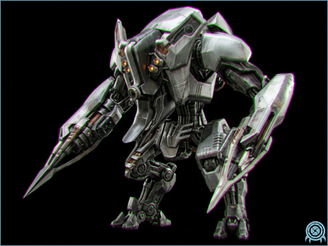 Ghor's Armorsuit in a cyan technology scan, showing the heavy mechanized frame, plasma cannon, articulated claws, thrusters, and rear generator housing.