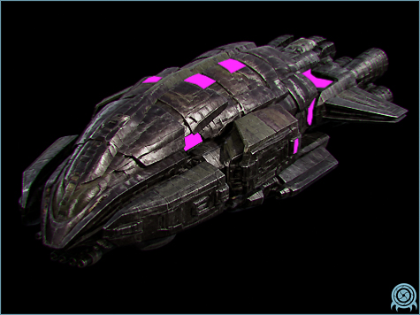 Department of Scientific Intelligence technology scan of Abyss-Class Elite Transport showing armored cargo hull, missile restraints, drive assemblies, and Space Pirate ordnance systems.