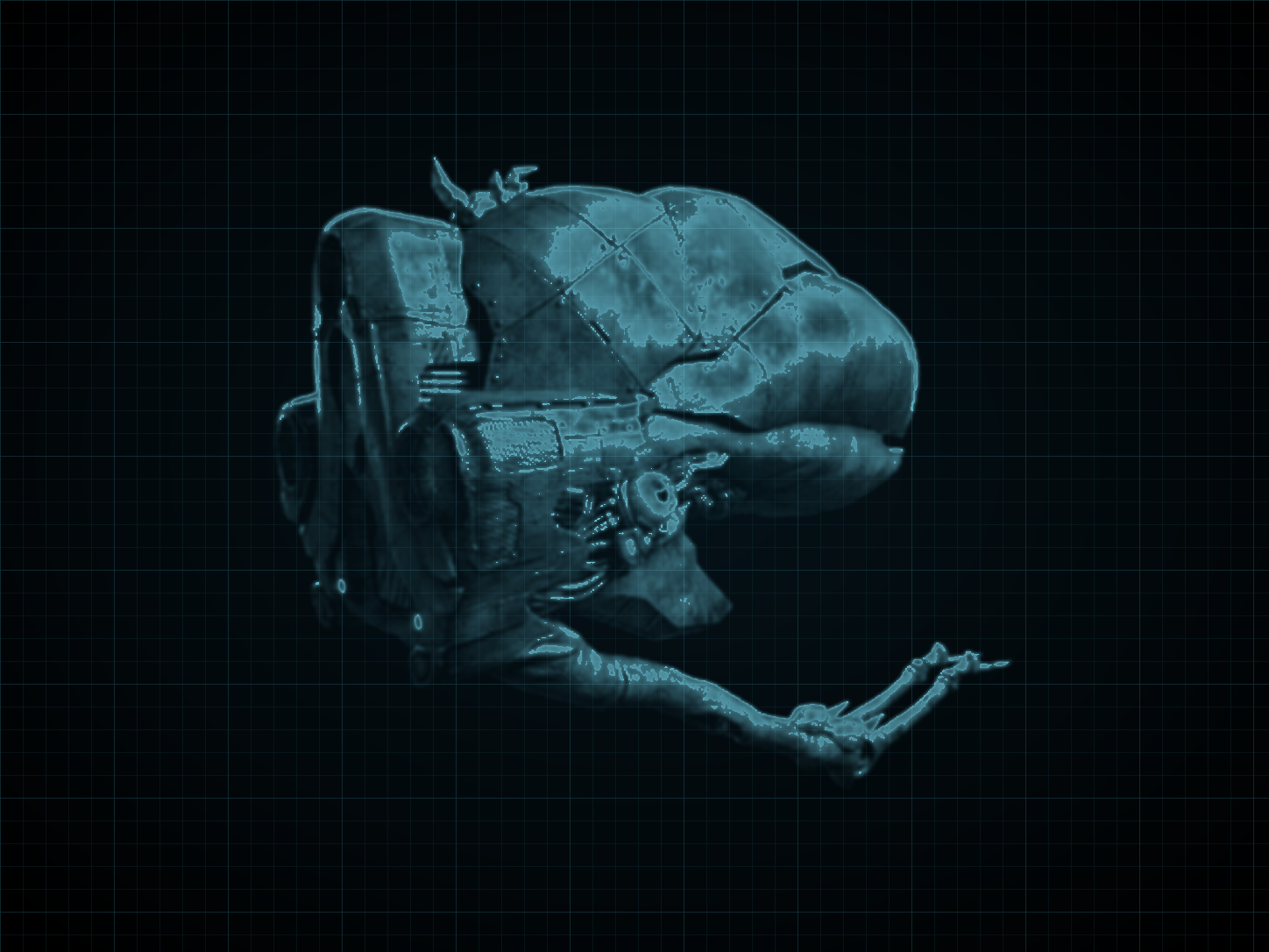 Source-locked cyan technical blueprint of Coffin-Class Boarding Pod on a black grid.