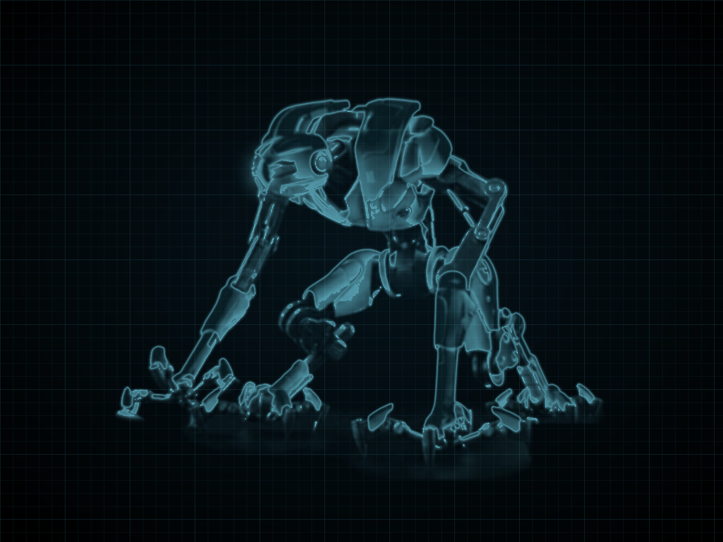 Source-locked cyan technical blueprint of E.M.M.I. on a black grid.