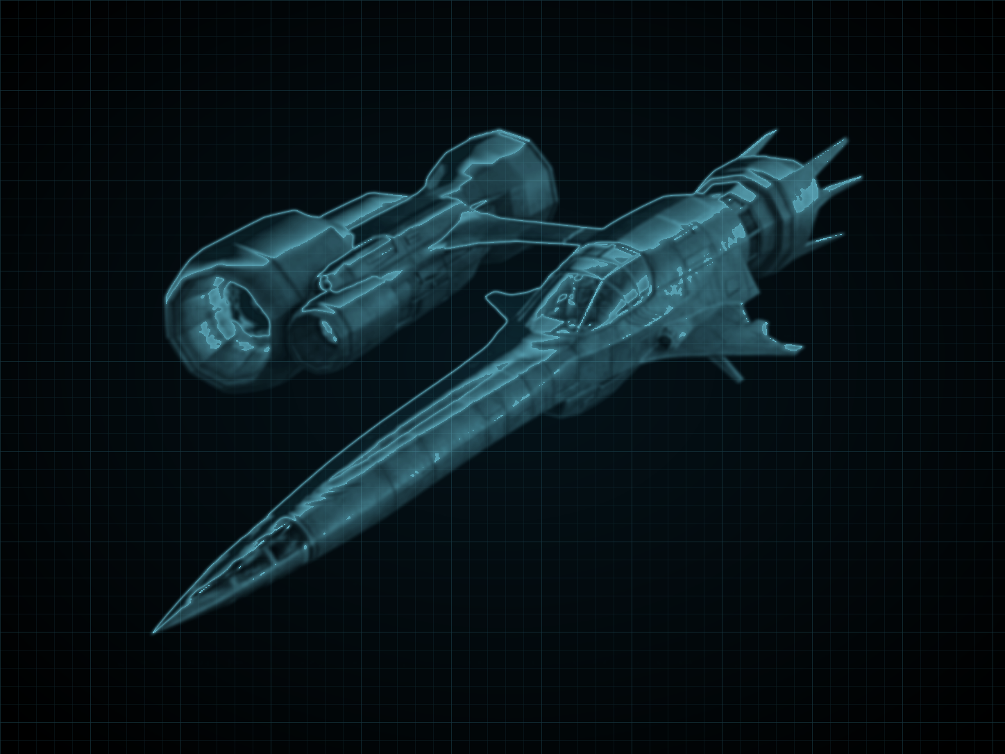 Source-locked cyan technical blueprint of Fang-Class Fighter on a black grid.