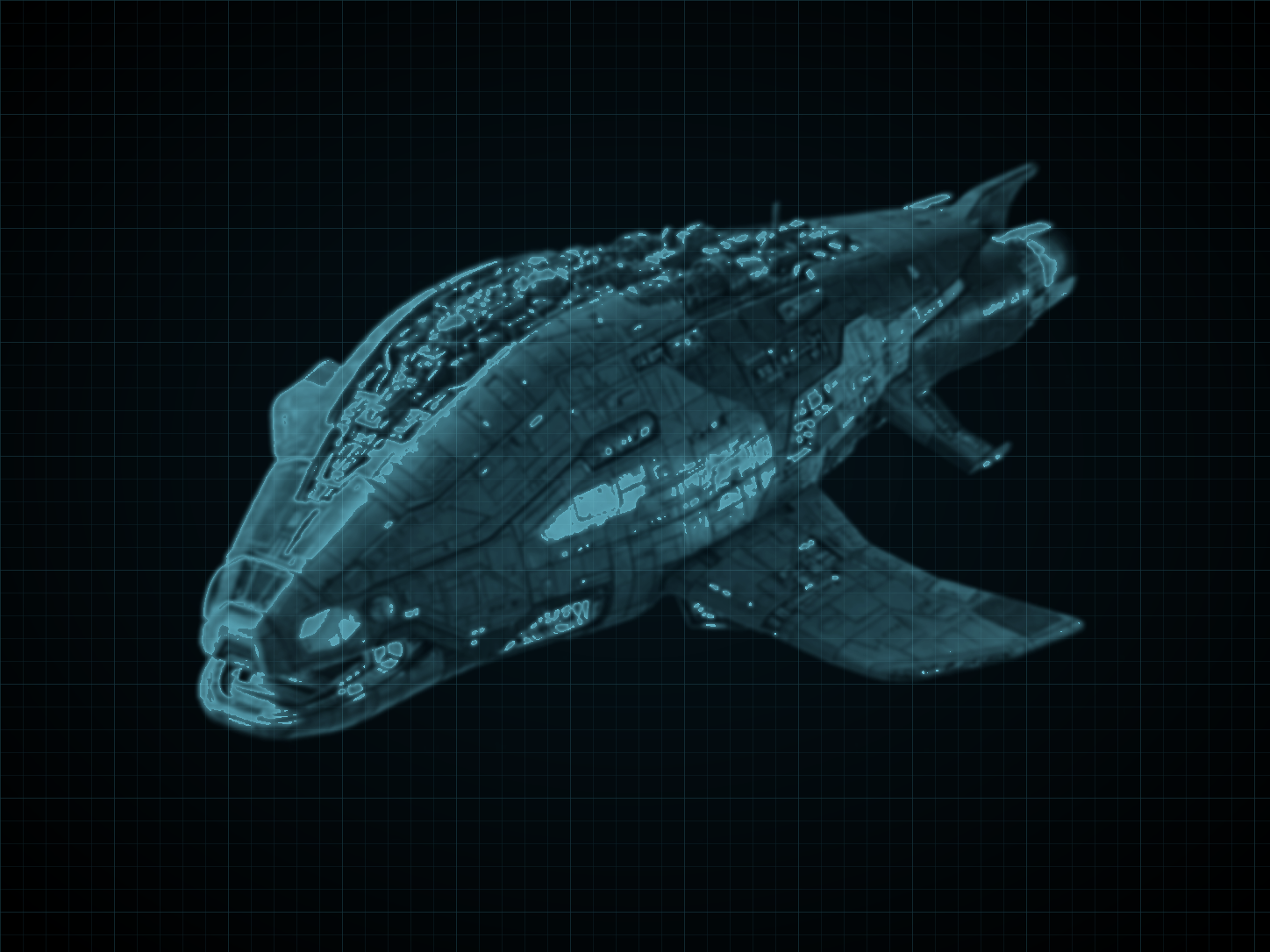 Source-locked cyan technical blueprint of Overlord-Class Command Ship on a black grid.