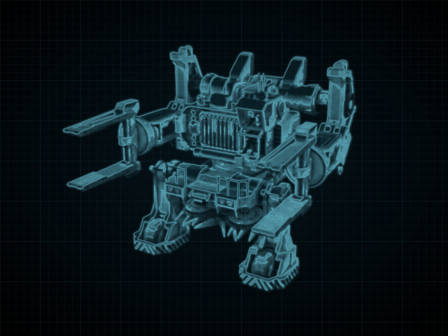 Source-locked cyan technical blueprint of RB176 Ferrocrusher on a black grid.