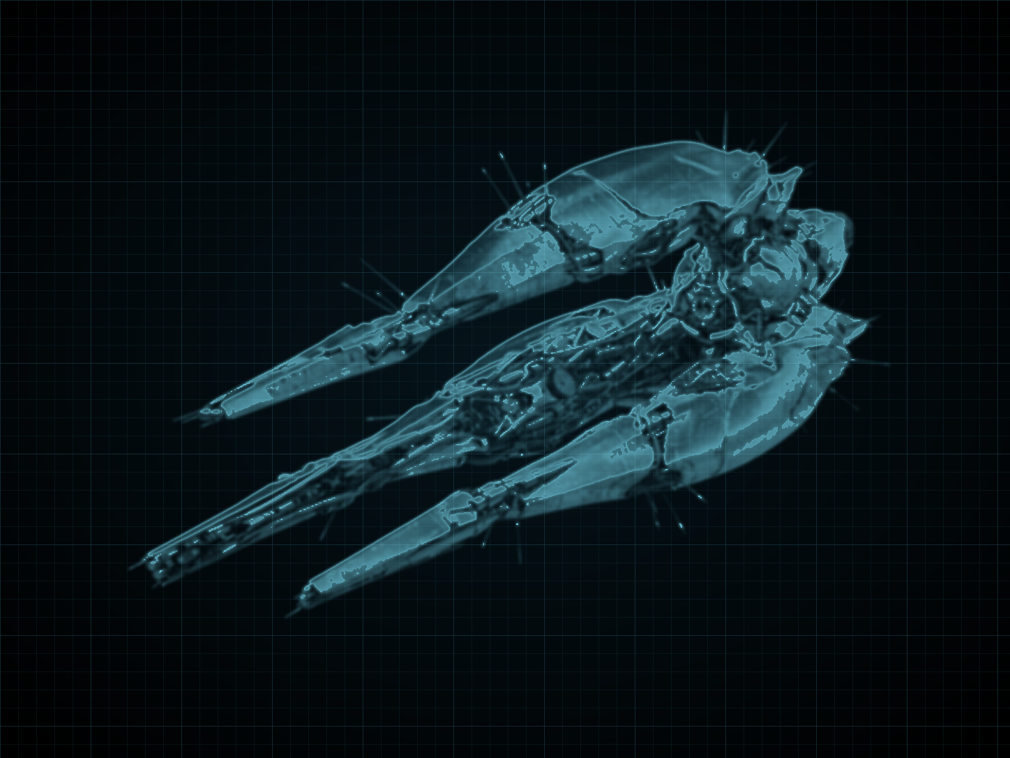 Source-locked cyan technical blueprint of Reaver-Class Destroyer on a black grid.