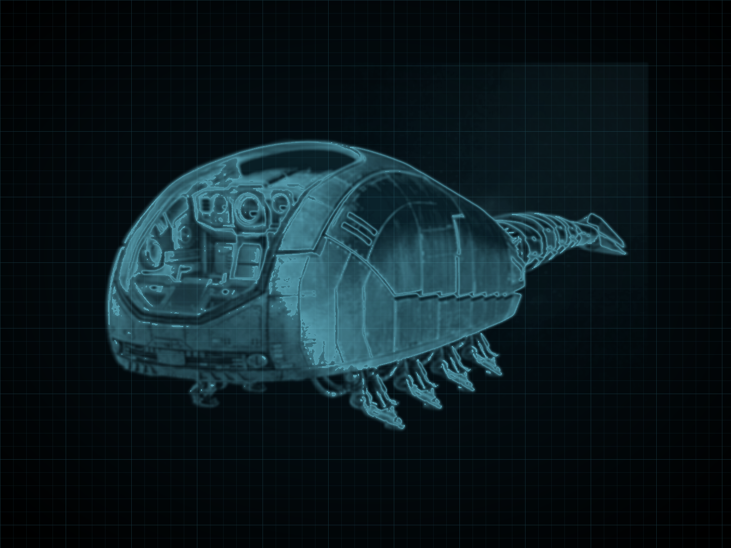 Source-locked cyan technical blueprint of Shade-Class Escape Shuttle on a black grid.