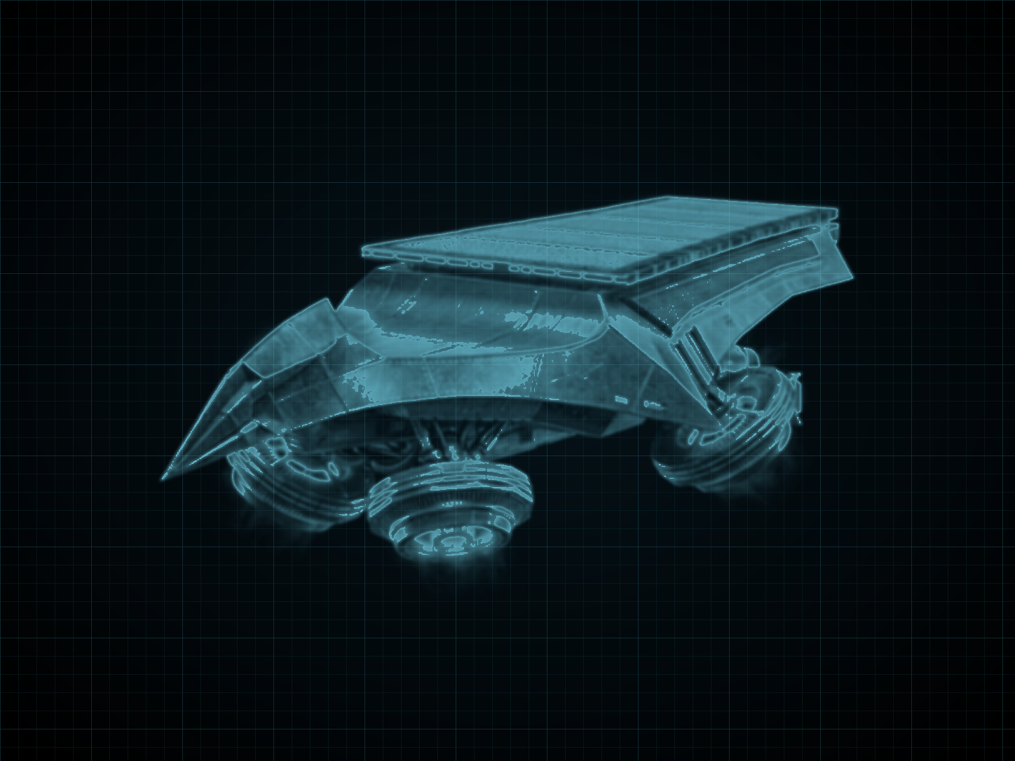 Source-locked cyan technical blueprint of Shrike Attack Skiff on a black grid.