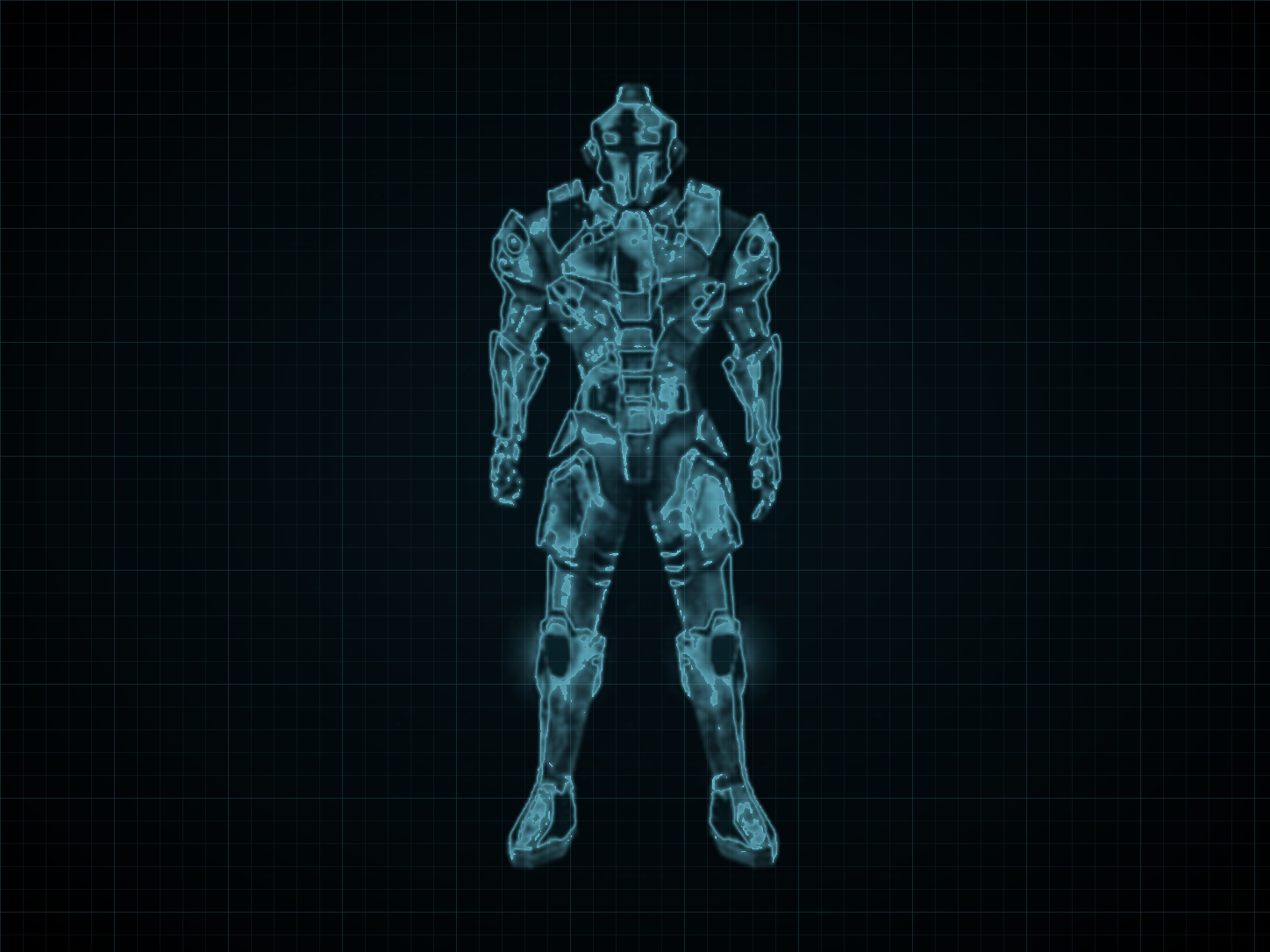 Source-locked cyan technical blueprint of DA-3104 Demolition Armor on a black grid.
