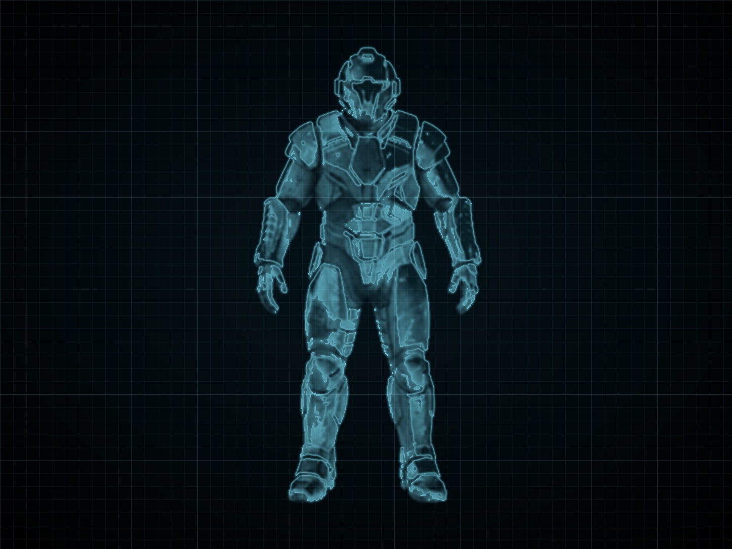 Source-locked cyan technical blueprint of Federation Marine Standard Suit on a black grid.