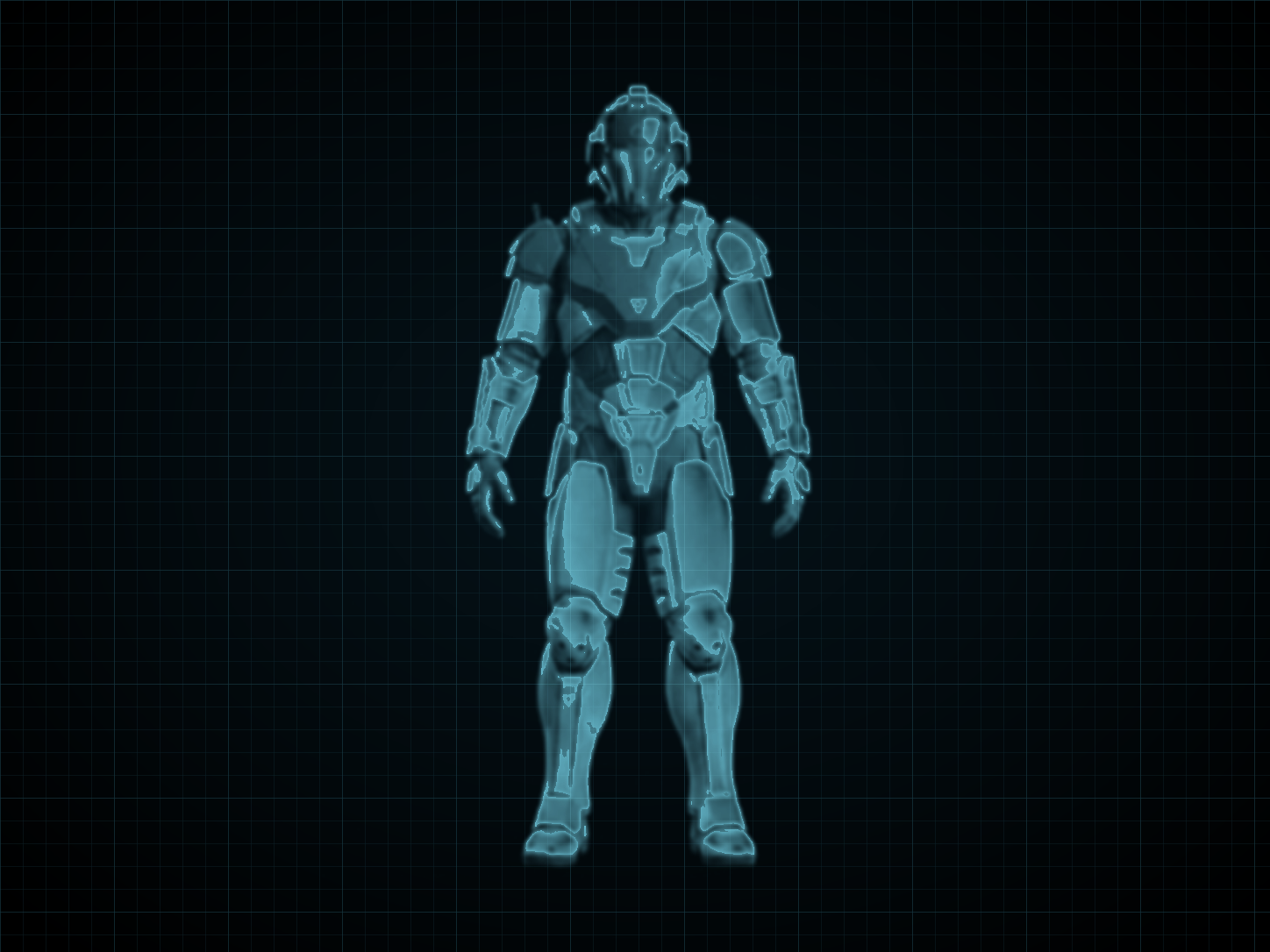 Source-locked cyan technical blueprint of Federation Marine Commander Suit on a black grid.