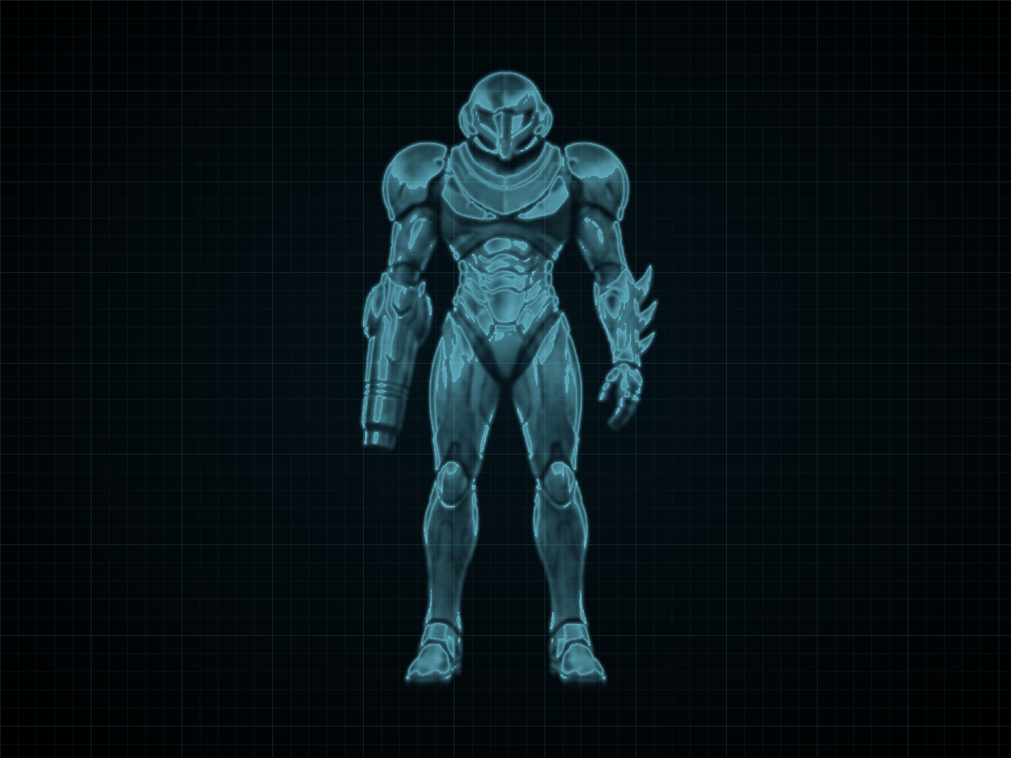 Source-locked cyan technical blueprint of Fusion Suit on a black grid.