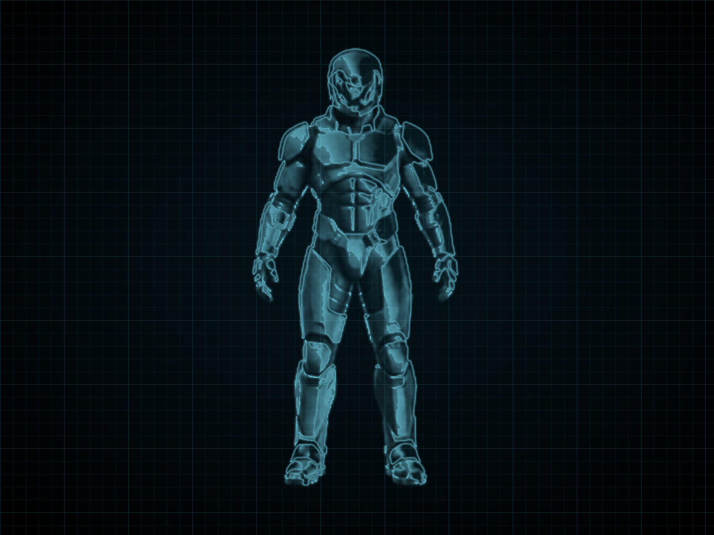 Source-locked cyan technical blueprint of Galactic Federation Power Suit on a black grid.