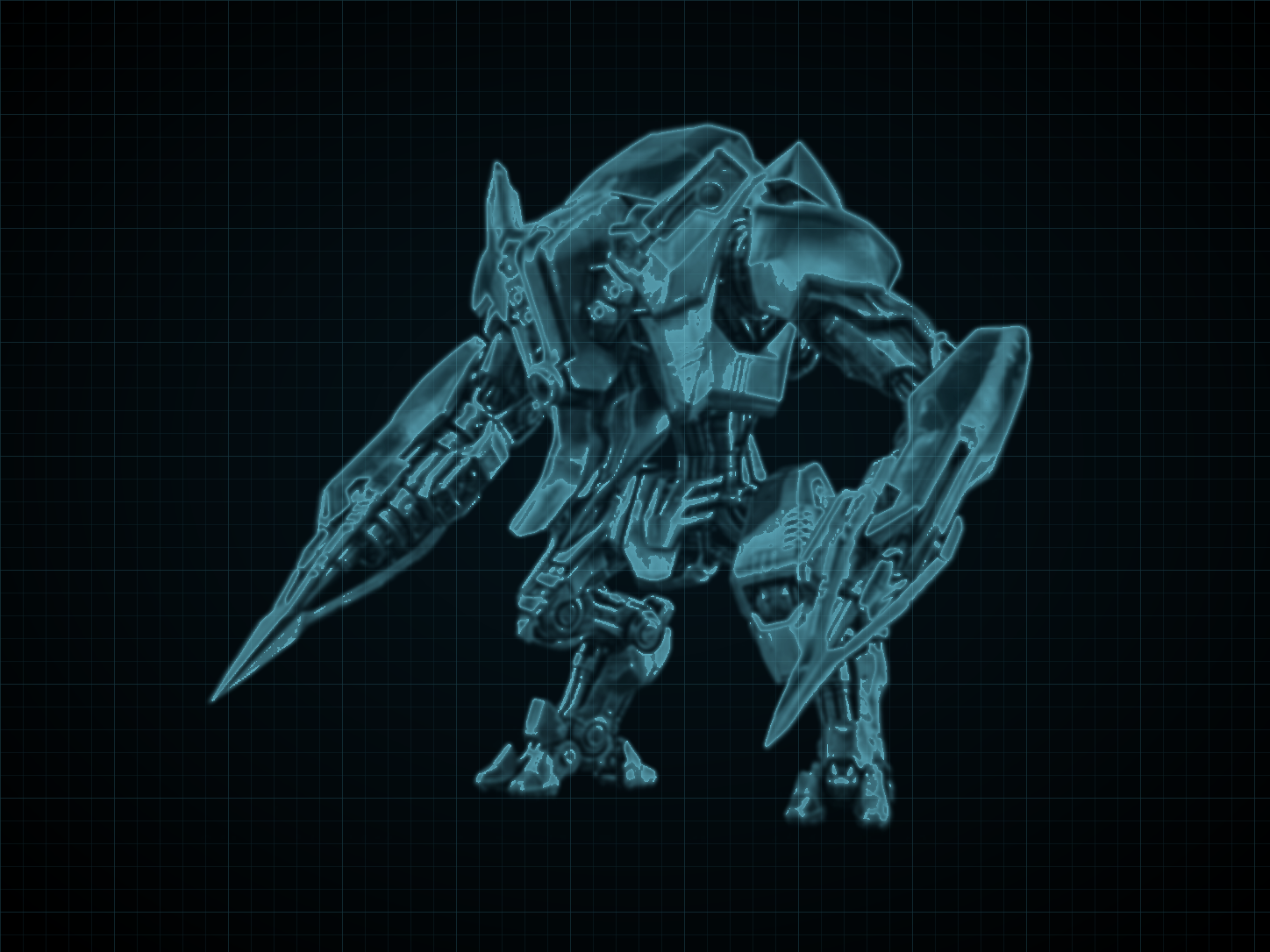 Source-locked cyan technical blueprint of Ghor's Armorsuit on a black grid.