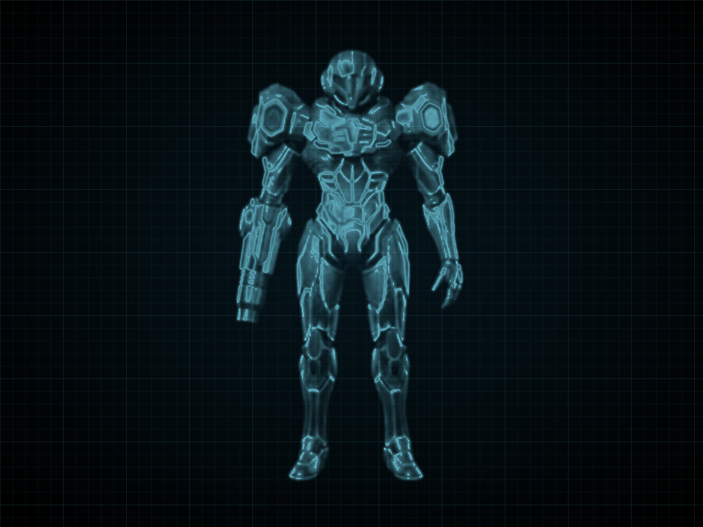 Source-locked cyan technical blueprint of Hazard Suit on a black grid.