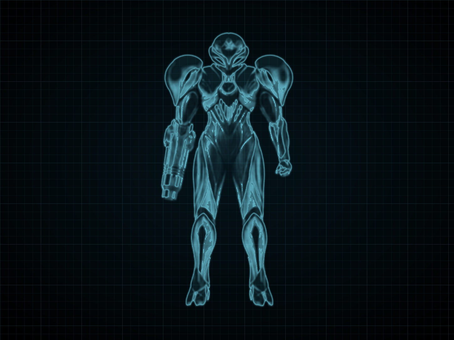 Source-locked cyan technical blueprint of Legacy Suit on a black grid.
