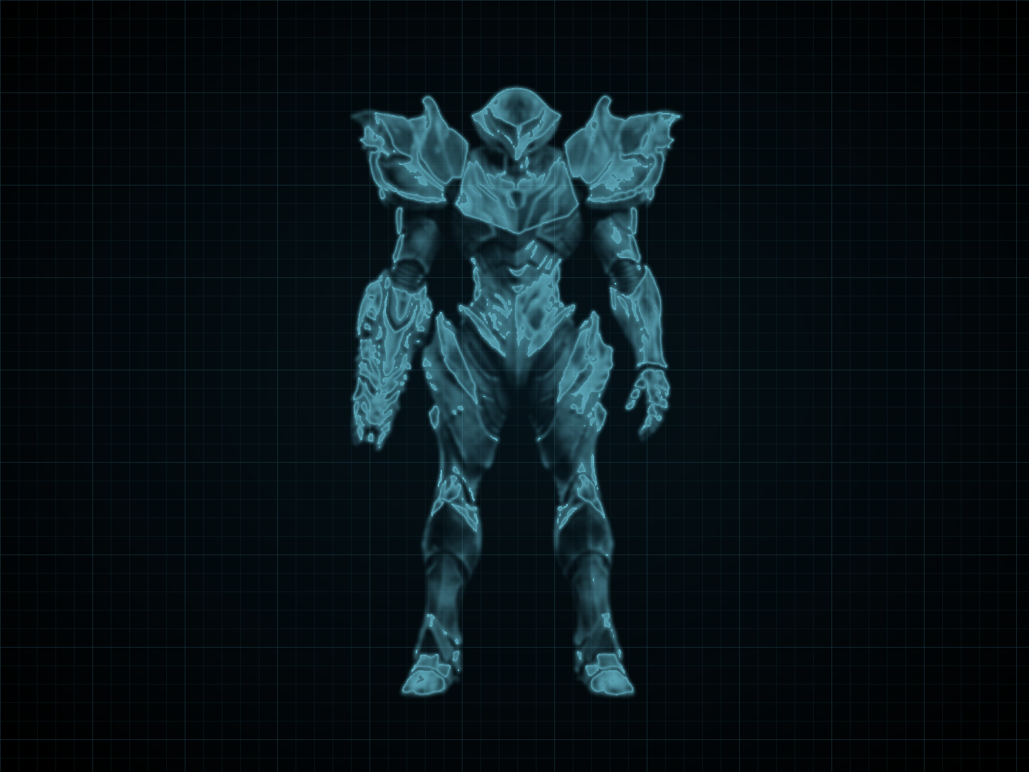 Source-locked cyan technical blueprint of Metroid Suit on a black grid.
