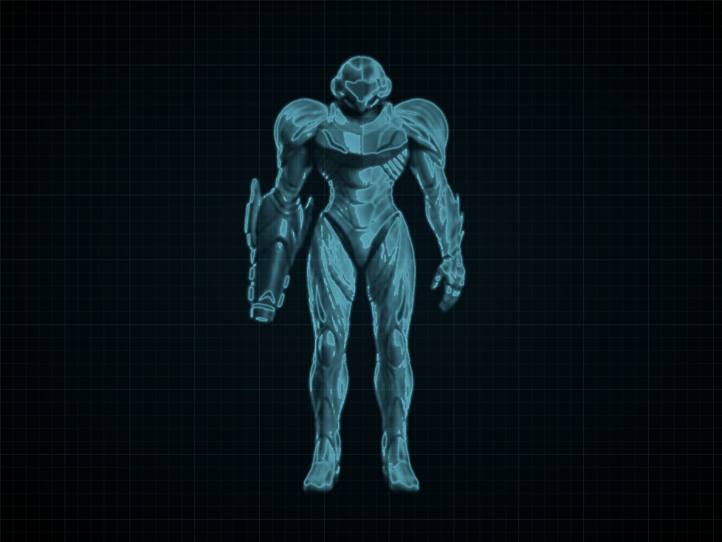 Source-locked cyan technical blueprint of Omega Suit on a black grid.
