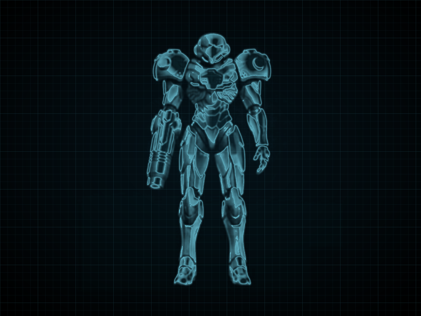 Source-locked cyan technical blueprint of PED Suit on a black grid.