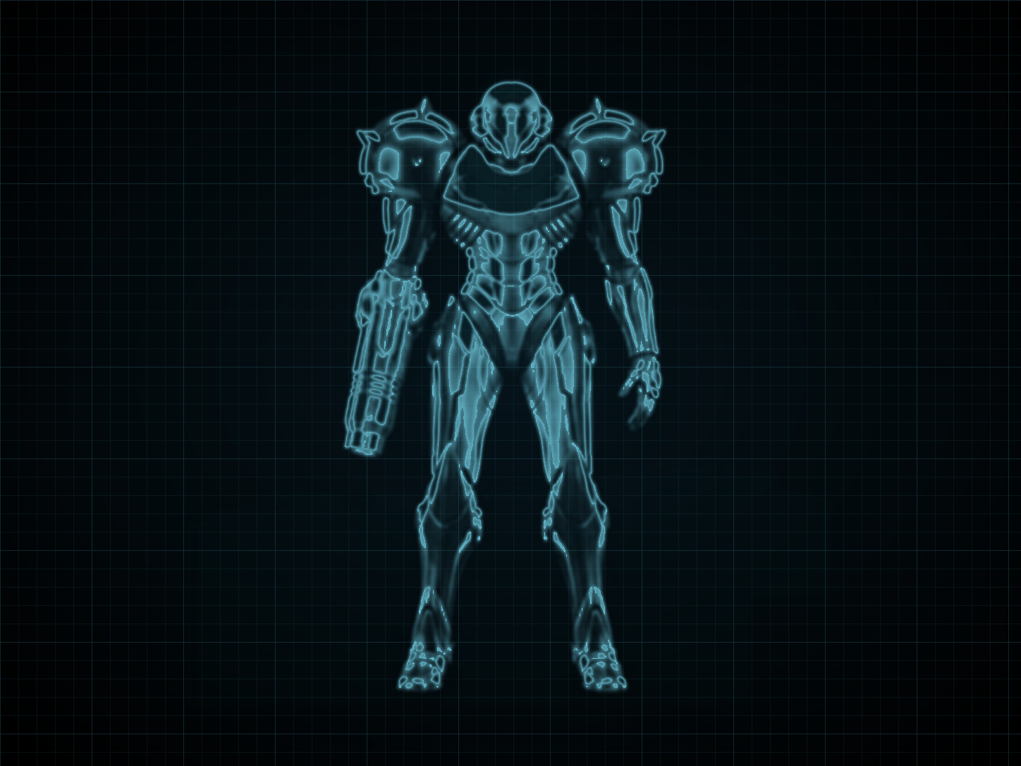 Source-locked cyan technical blueprint of Phazon Suit on a black grid.