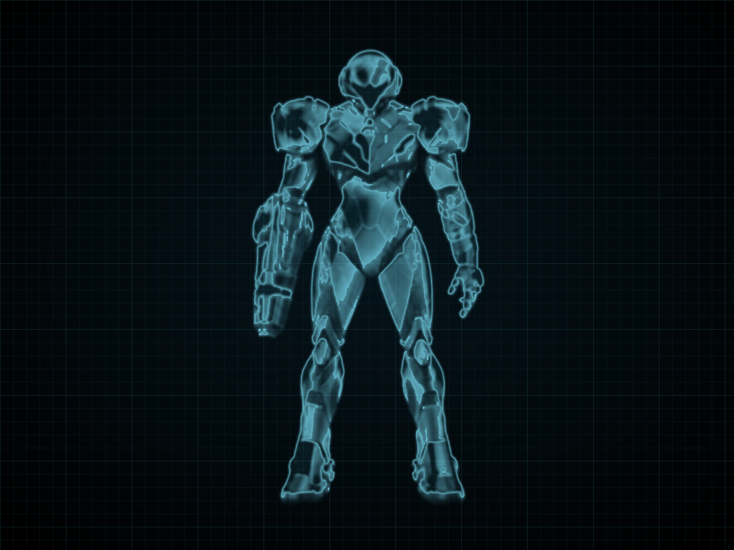 Source-locked cyan technical blueprint of Power Suit: ZDR Regeneration Pattern on a black grid.