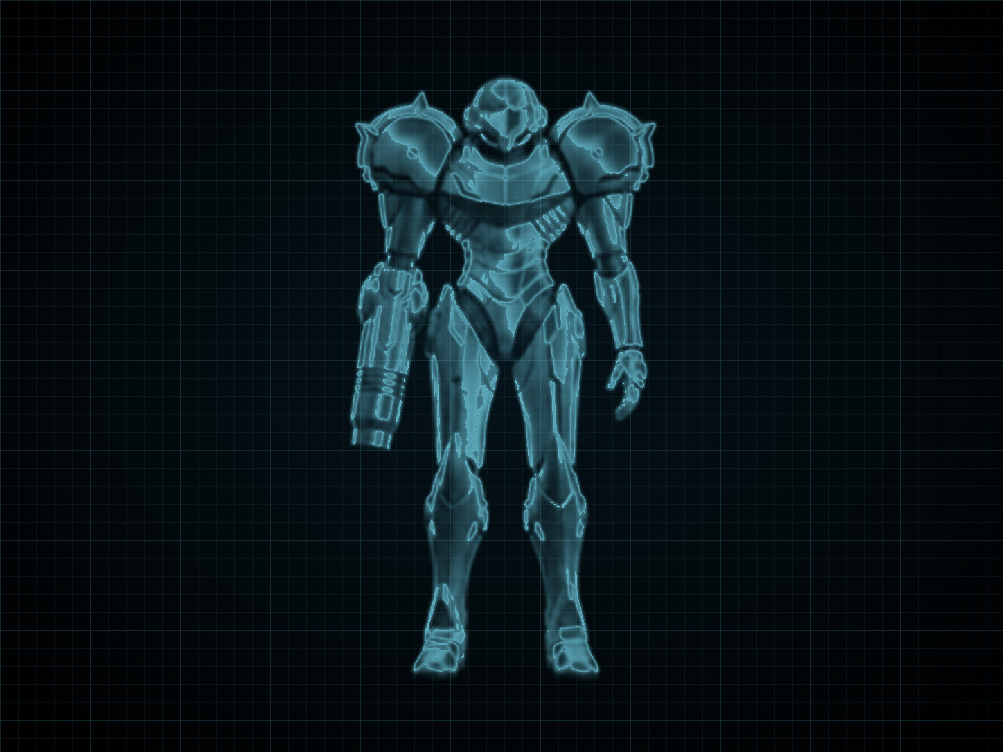 Source-locked cyan technical blueprint of Varia Suit on a black grid.